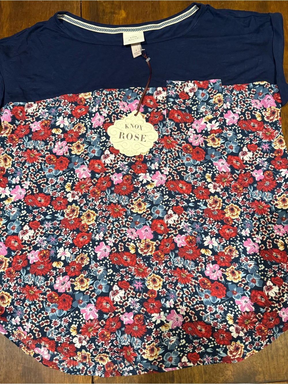 Knox Rose Navy Floral Short Sleeve Tee with Coral Accents